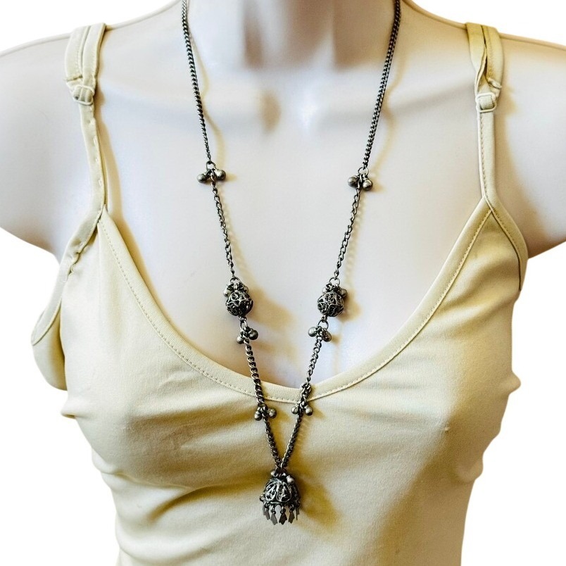 Vtg Oxidized Jhumka Beaded Filigree Necklace Vtg Statement Indie Silver Brass